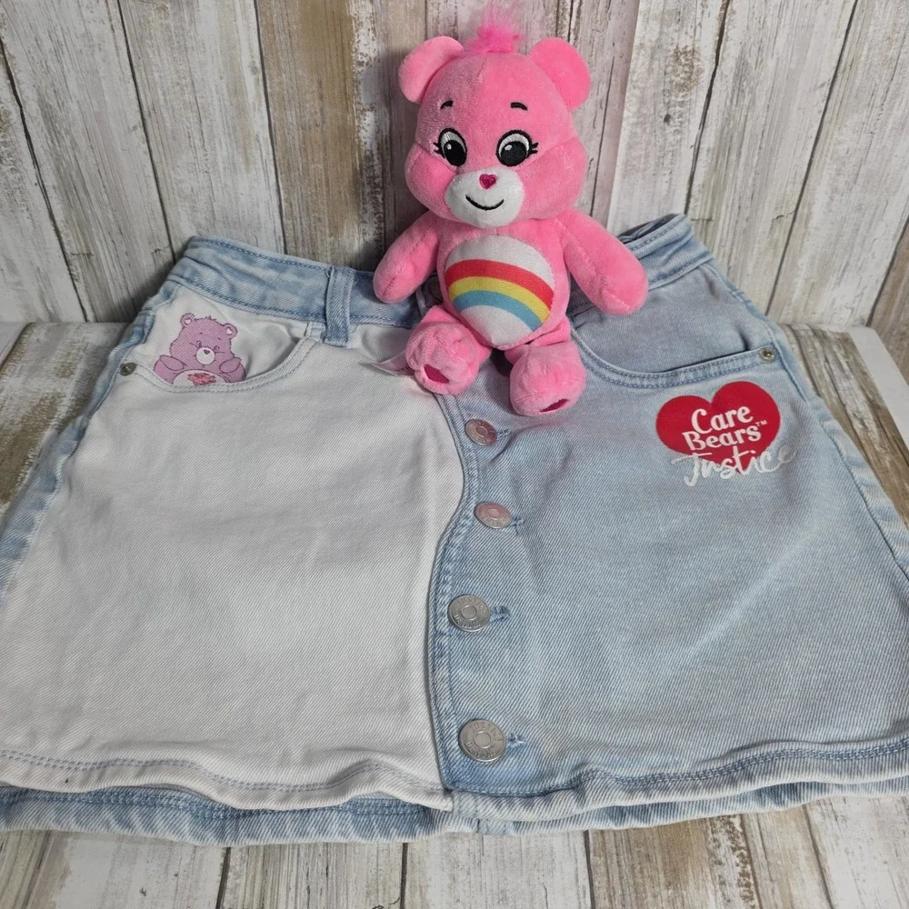 Justice Care Bears Denim Mini Skirt Light Wash Colorblock GirlButton Large 12/14